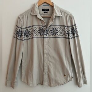 BASEMENT Corduroy Button Front Long Sleeve Shirt Snowflake Nordic Pattern Winter